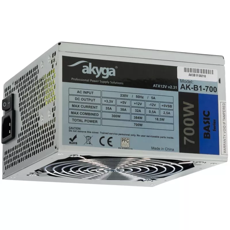 Fonte de alimentação ATX Akyga AK-B1-700 Basic 700 W, PFC passivo, ventoinha de 120 mm, cinzento