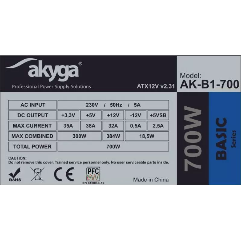 Fonte de alimentação ATX Akyga AK-B1-700 Basic 700 W, PFC passivo, ventoinha de 120 mm, cinzento
