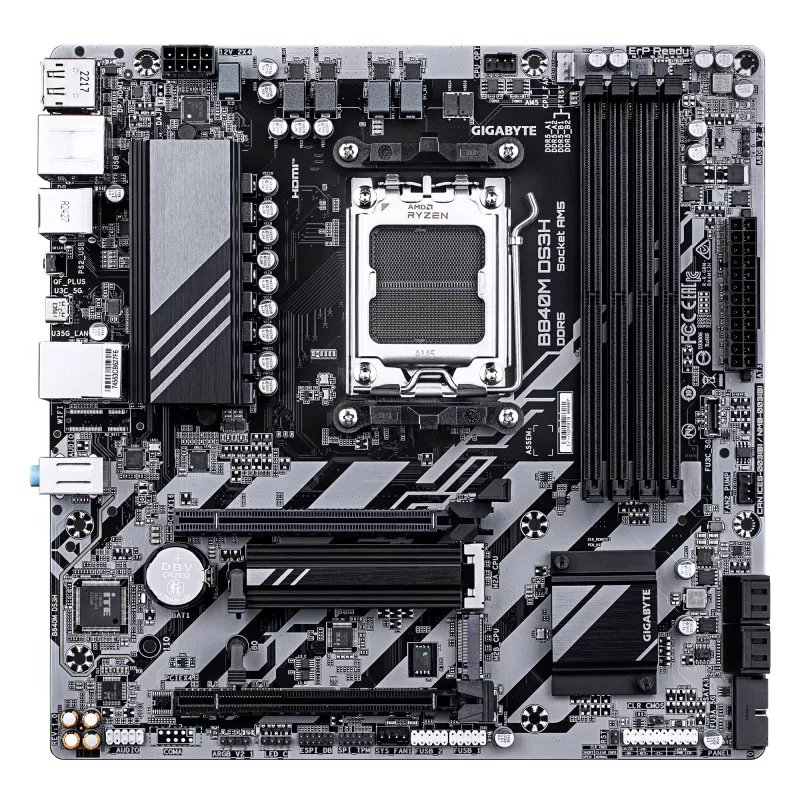 Placa-mãe GIGABYTE B840M DS3H - CPUs AMD Ryzen 9000, VRM 8+2+2 fases, até 8200 MHz DDR5, 2x PCIe 4.0 M.2, LAN 2,5 GbE, USB 3.2 Gen 1