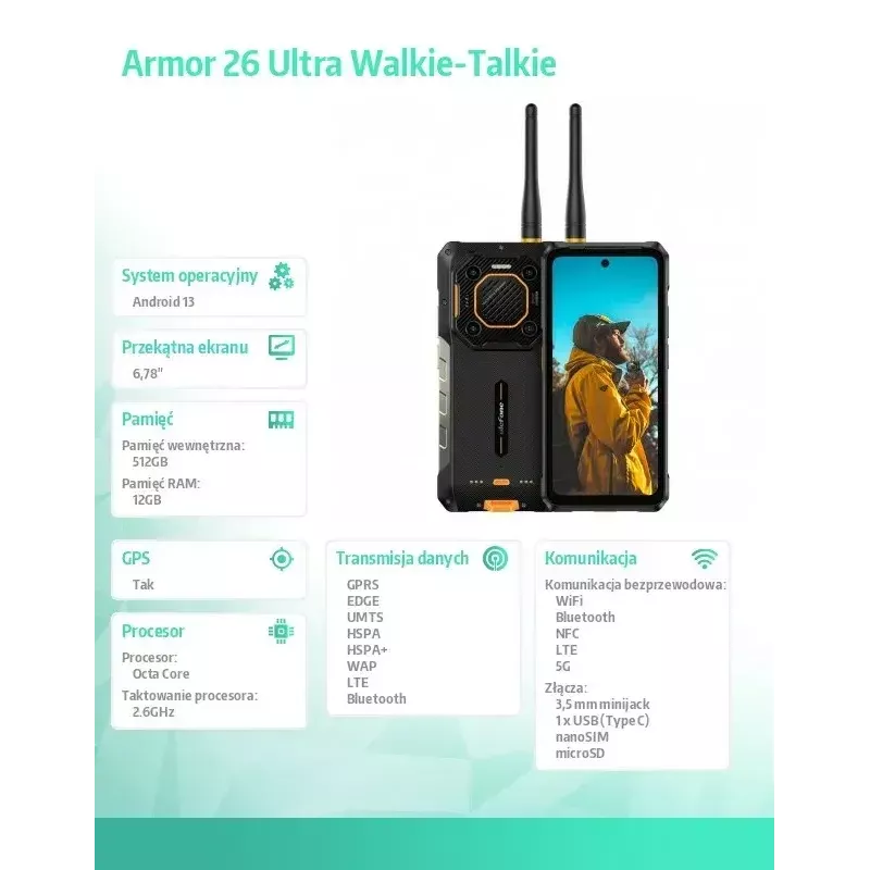 Ulefone Armor 26 Ultra smartphone 5G, walkie-talkie, 12GB RAM, 512GB, IP69K, preto (sem carregador)