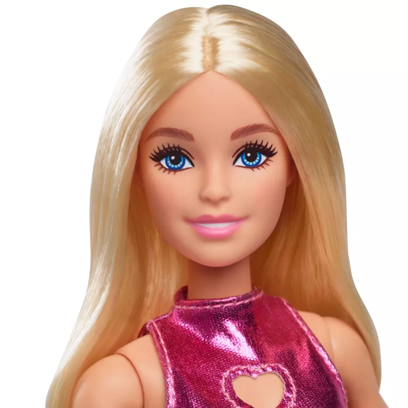 Boneca Barbie Fashionistas n.º 230 com minivestido rosa metálico e decote em forma de coração, cabelo loiro