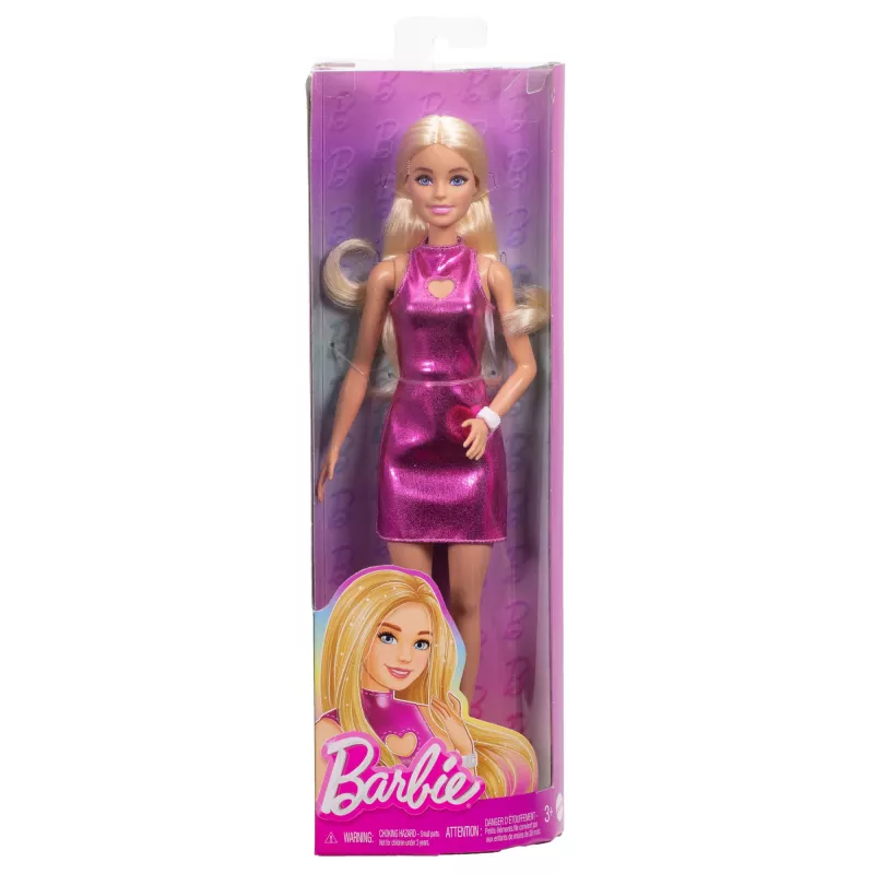 Boneca Barbie Fashionistas n.º 230 com minivestido rosa metálico e decote em forma de coração, cabelo loiro
