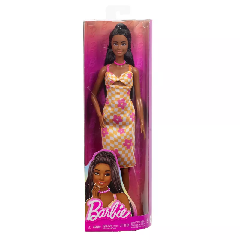 Boneca Barbie Fashionistas n.º 233 com vestido midi xadrez de flores, cabelo preto
