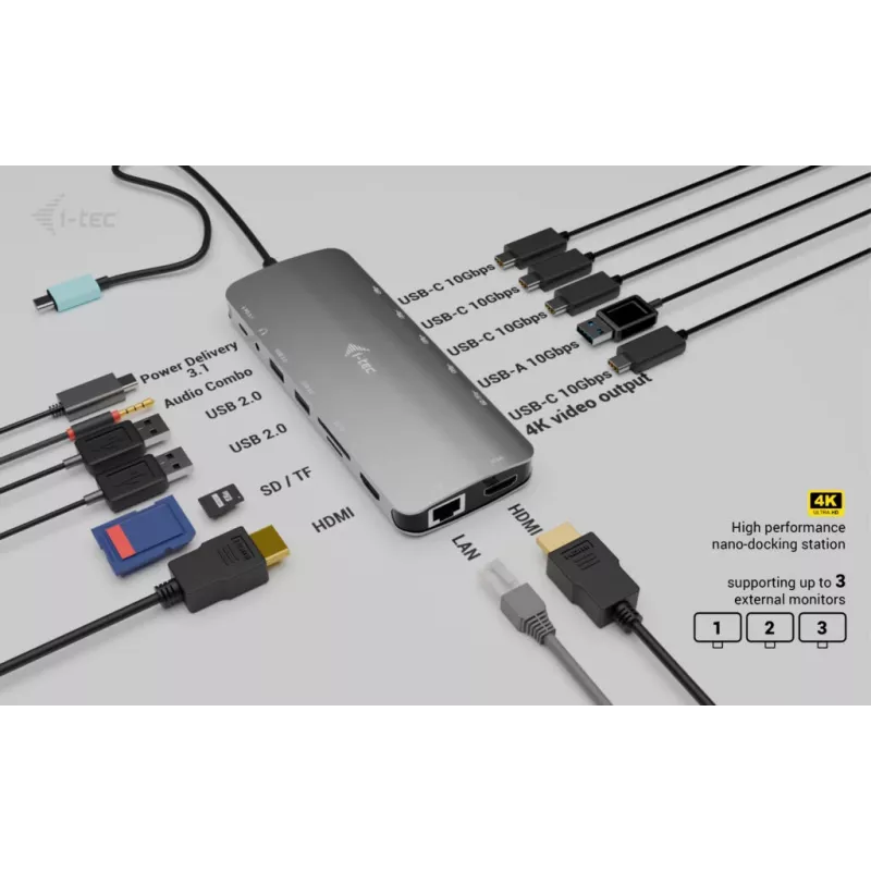 Dock i-tec Metal USB-C Nano 3x Display, 2x HDMI 1x USB-C Vídeo com Power Delivery 140W + Carregador universal 140 W