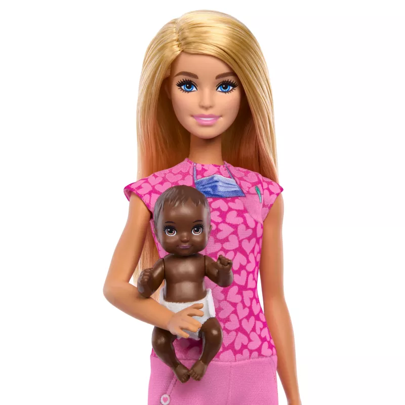 Boneca Barbie Baby Doctor com boneca de moda loira, 1 boneca bebé, móveis e acessórios