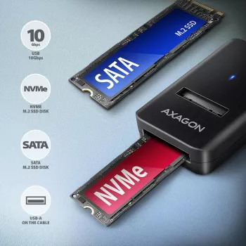Caixa para SSD AXAGON ADM2-AM USB-A 10 Gbit/s para uma unidade M.2 NVMe/SATA, USB 3.2 Gen 2, cabo de 10 cm, preto
