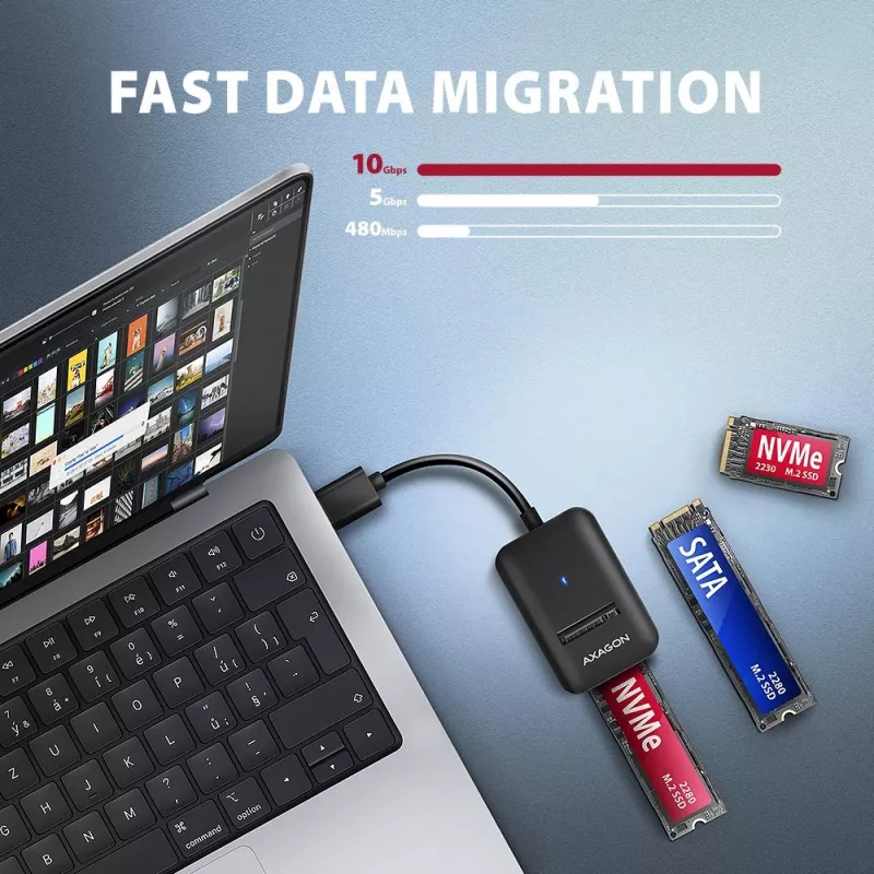 Caixa para SSD AXAGON ADM2-AM USB-A 10 Gbit/s para uma unidade M.2 NVMe/SATA, USB 3.2 Gen 2, cabo de 10 cm, preto