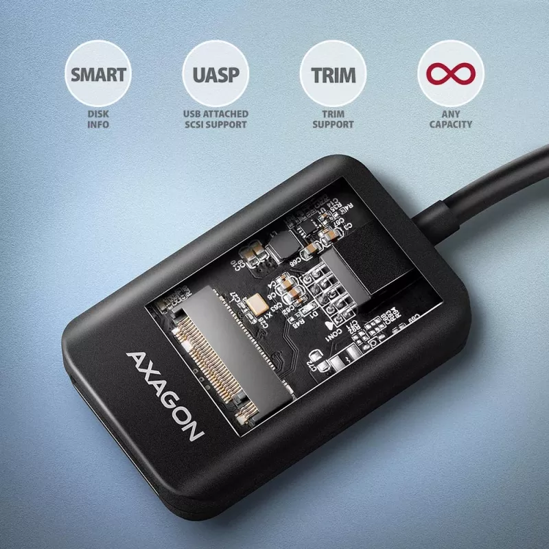 Caixa para SSD AXAGON ADM2-AM USB-A 10 Gbit/s para uma unidade M.2 NVMe/SATA, USB 3.2 Gen 2, cabo de 10 cm, preto