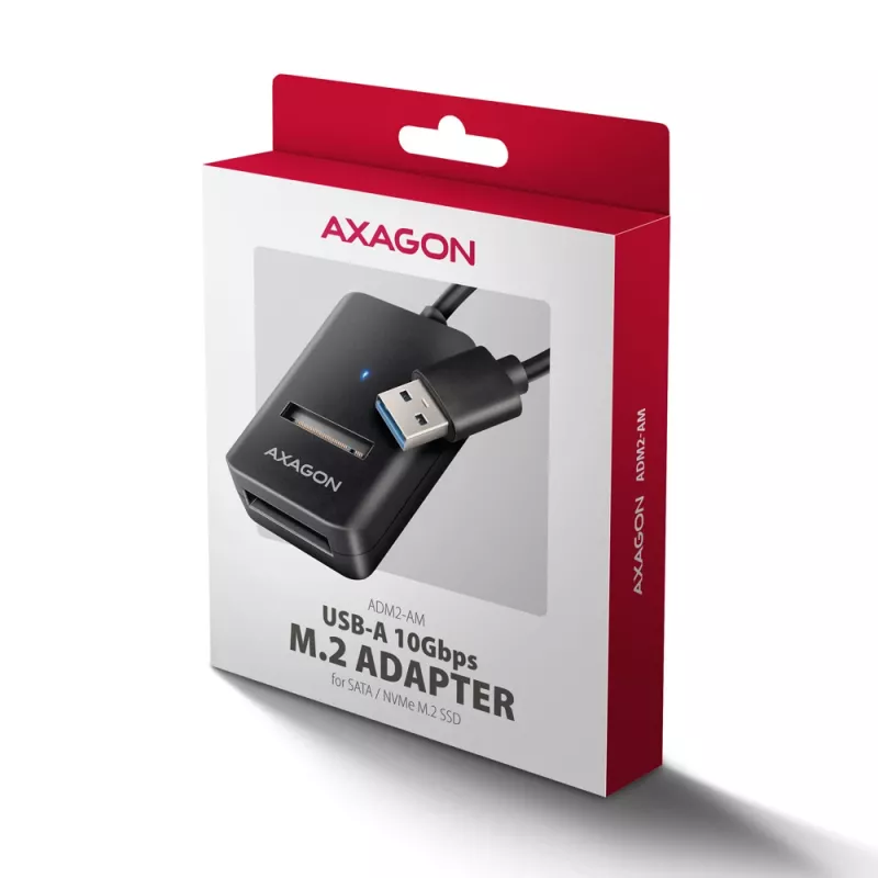 Caixa para SSD AXAGON ADM2-AM USB-A 10 Gbit/s para uma unidade M.2 NVMe/SATA, USB 3.2 Gen 2, cabo de 10 cm, preto