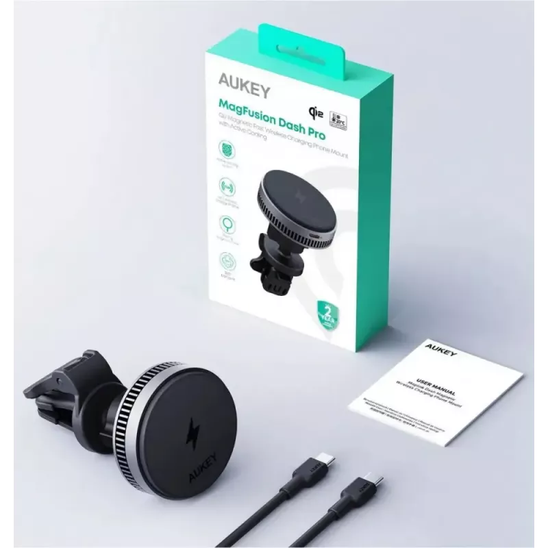 Aukey Mag Fusion Dash Pro HD-MC13A Qi2 15 W suporte de automóvel com carregador sem fios e arrefecimento