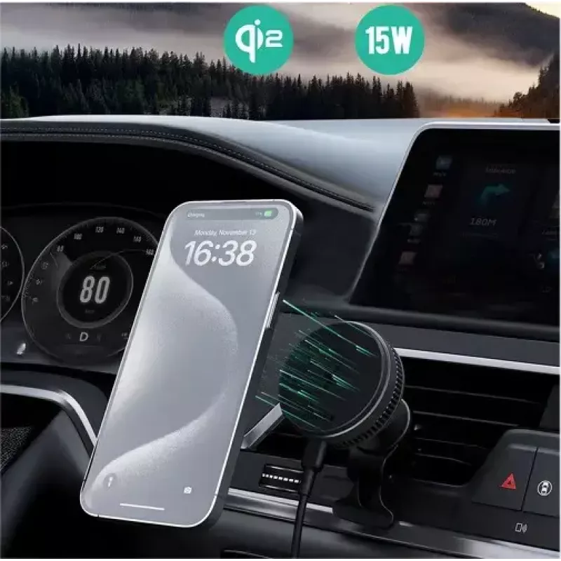Aukey Mag Fusion Dash Pro HD-MC13A Qi2 15 W suporte de automóvel com carregador sem fios e arrefecimento