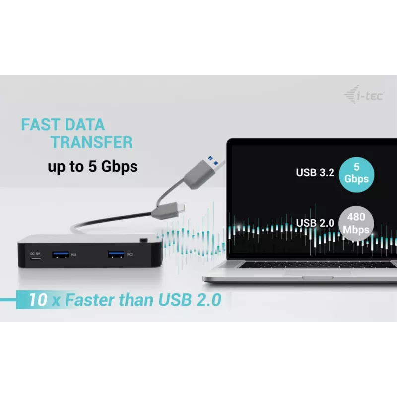 Hub KVM universal i-tec 2x USB-C 2x USB-A 3.0 5000 Mbit/s preto