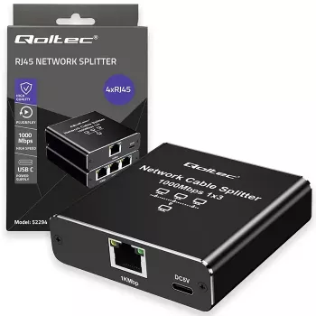 Splitter Ethernet QOLTEC 52294 1x3 RJ45 com entrada de alimentação USB-C