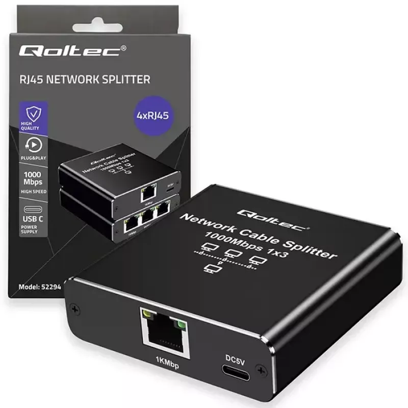 Splitter Ethernet QOLTEC 52294 1x3 RJ45 com entrada de alimentação USB-C