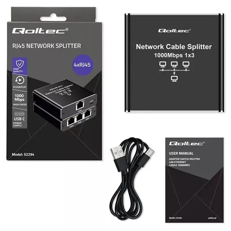 Splitter Ethernet QOLTEC 52294 1x3 RJ45 com entrada de alimentação USB-C