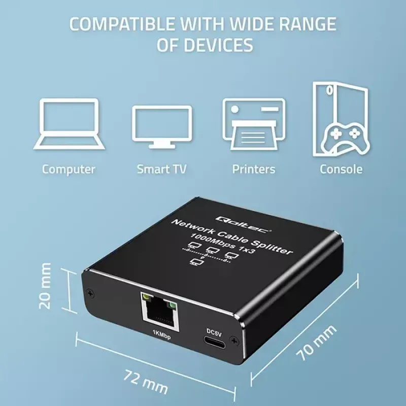 Splitter Ethernet QOLTEC 52294 1x3 RJ45 com entrada de alimentação USB-C