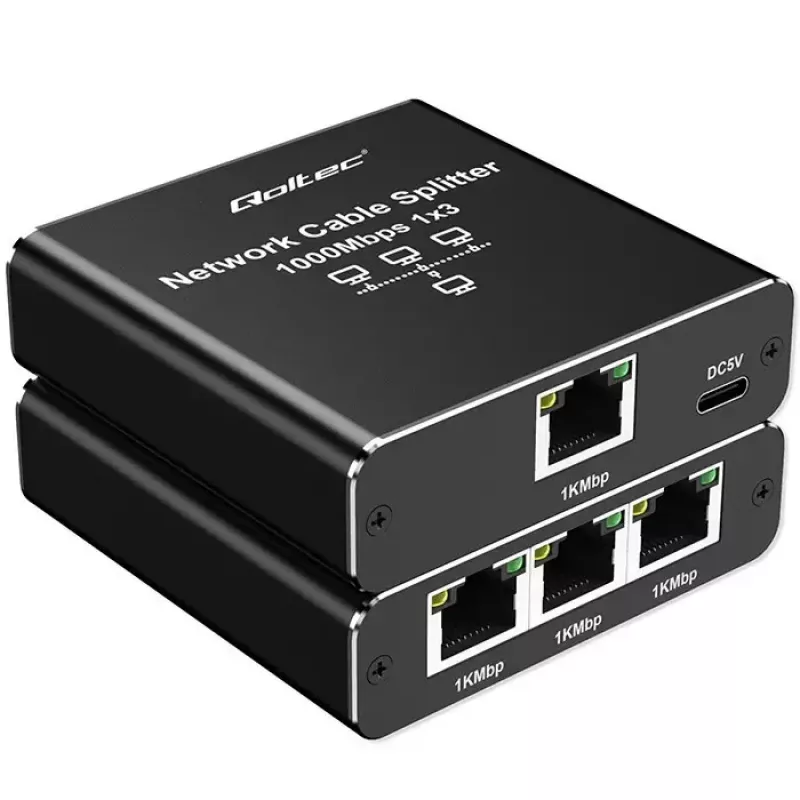 Splitter Ethernet QOLTEC 52294 1x3 RJ45 com entrada de alimentação USB-C