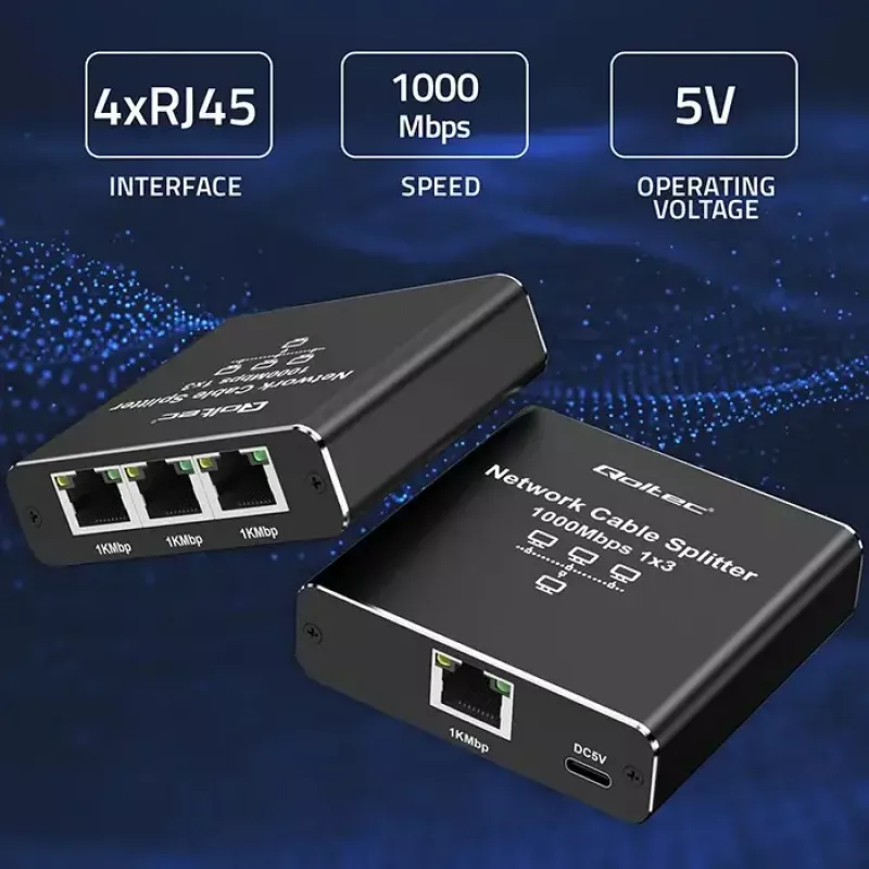 Splitter Ethernet QOLTEC 52294 1x3 RJ45 com entrada de alimentação USB-C