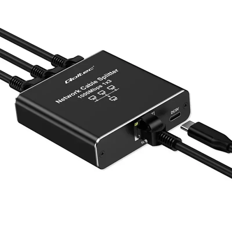 Splitter Ethernet QOLTEC 52294 1x3 RJ45 com entrada de alimentação USB-C