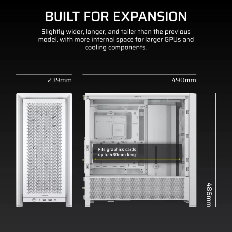 Caixa de PC CORSAIR FRAME 4000D RS Midi Tower Branco — ATX, vidro temperado, 3 ventoinhas frontais de 120mm, suporta radiadores de 360/240/140mm