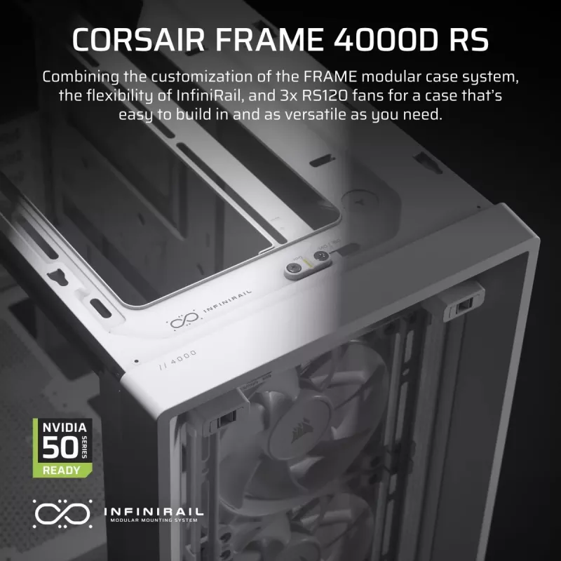 Caixa de PC CORSAIR FRAME 4000D RS Midi Tower Branco — ATX, vidro temperado, 3 ventoinhas frontais de 120mm, suporta radiadores de 360/240/140mm