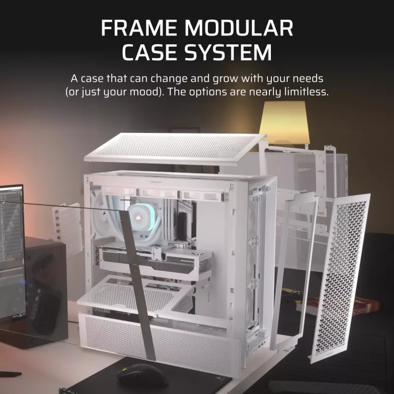 Caixa de PC CORSAIR FRAME 4000D RS Midi Tower Branco — ATX, vidro temperado, 3 ventoinhas frontais de 120mm, suporta radiadores de 360/240/140mm