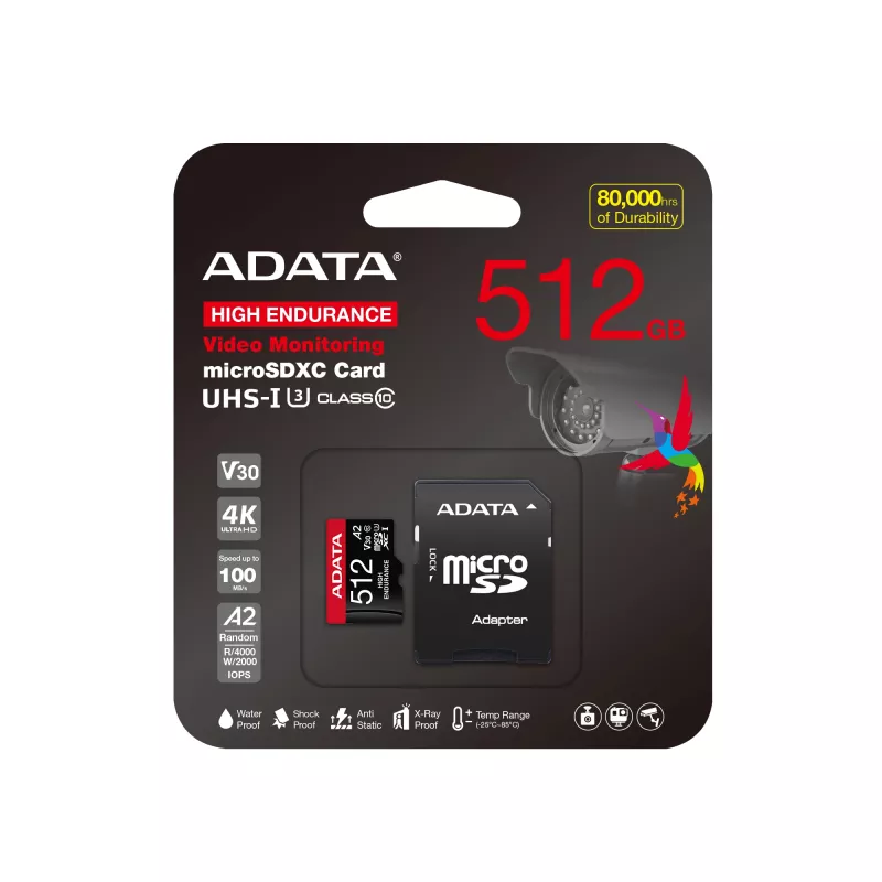 Cartão de memória MicroSDXC ADATA 512GB UHS‑I U3 V30 Classe 10 A2, 100/85 MB/s, à prova de água