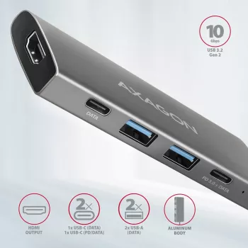Hub USB Axagon HMC-5G21 10Gbps, 2x USB-A, 2x USB-C, HDMI 4k/30Hz, PD 60W, cabo USB-C