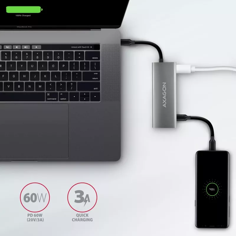 Hub USB Axagon HMC-5G21 10Gbps, 2x USB-A, 2x USB-C, HDMI 4k/30Hz, PD 60W, cabo USB-C