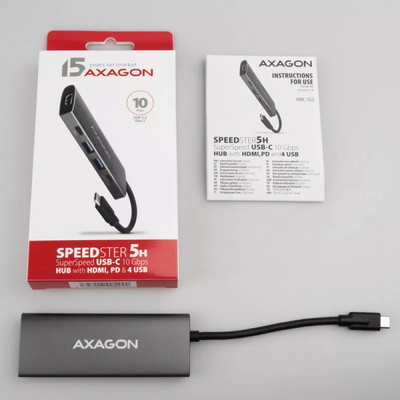 Hub USB Axagon HMC-5G21 10Gbps, 2x USB-A, 2x USB-C, HDMI 4k/30Hz, PD 60W, cabo USB-C