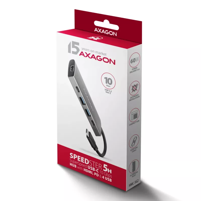 Hub USB Axagon HMC-5G21 10Gbps, 2x USB-A, 2x USB-C, HDMI 4k/30Hz, PD 60W, cabo USB-C