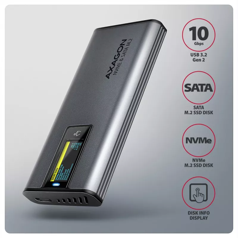 Axagon EEM2-SD2 USB-C 10Gbps - caixa DISPLAY para M.2 NVMe e SATA SSD