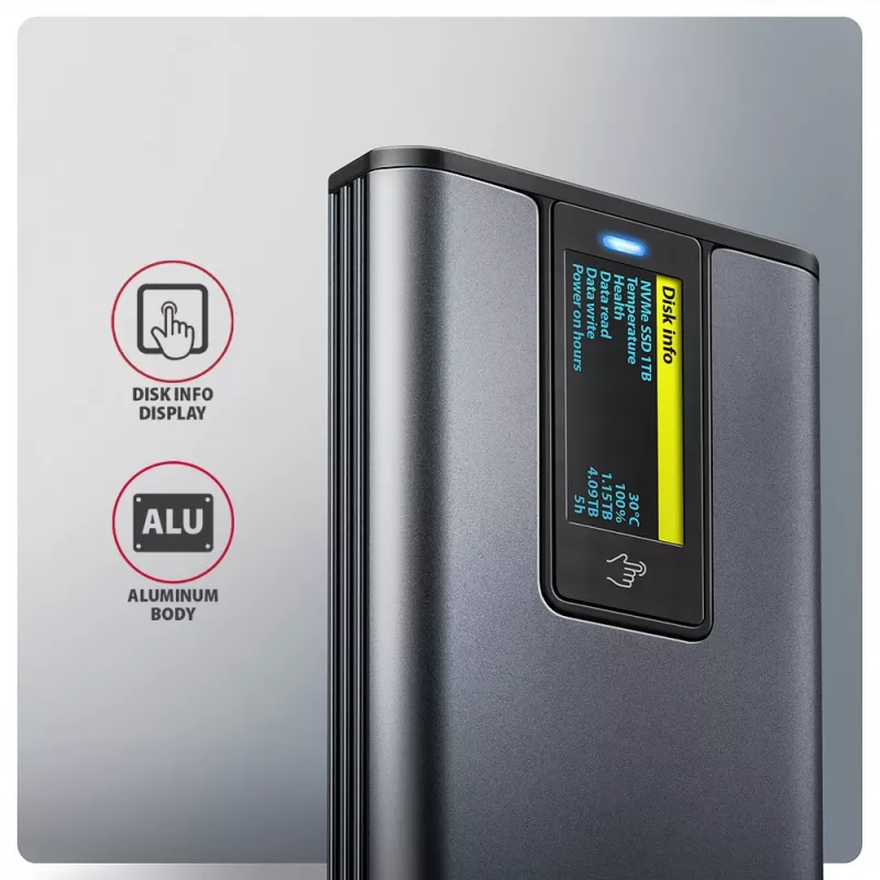 Axagon EEM2-SD2 USB-C 10Gbps - caixa DISPLAY para M.2 NVMe e SATA SSD