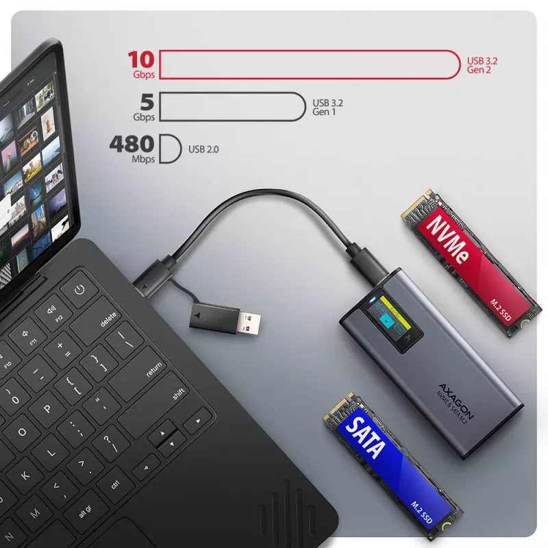 Axagon EEM2-SD2 USB-C 10Gbps - caixa DISPLAY para M.2 NVMe e SATA SSD