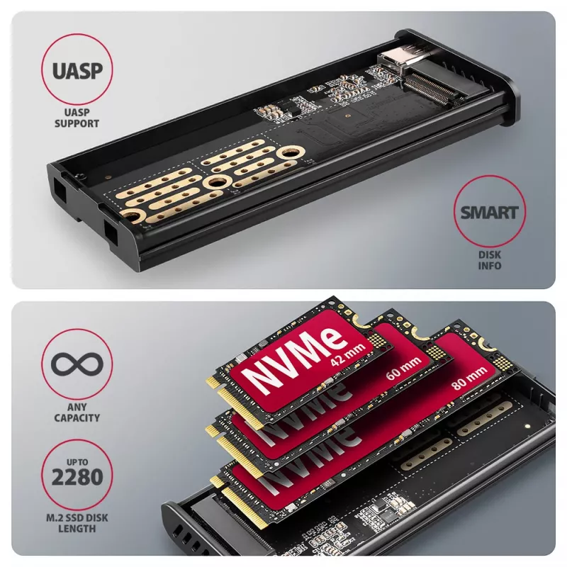 Axagon EEM2-SD2 USB-C 10Gbps - caixa DISPLAY para M.2 NVMe e SATA SSD