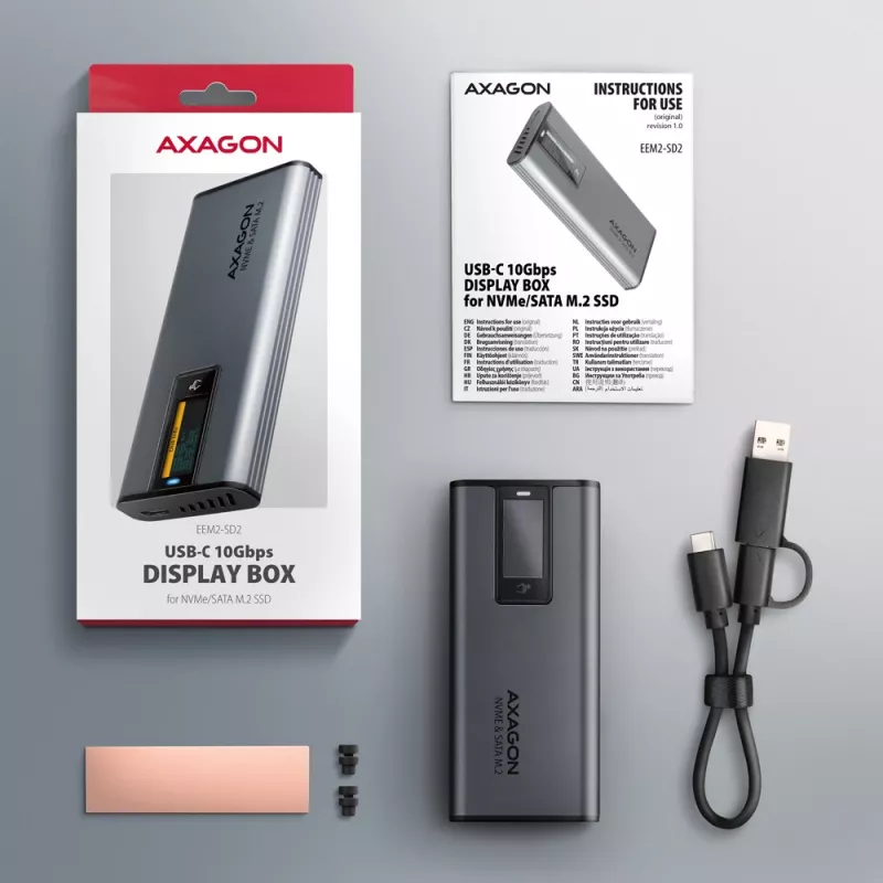 Axagon EEM2-SD2 USB-C 10Gbps - caixa DISPLAY para M.2 NVMe e SATA SSD