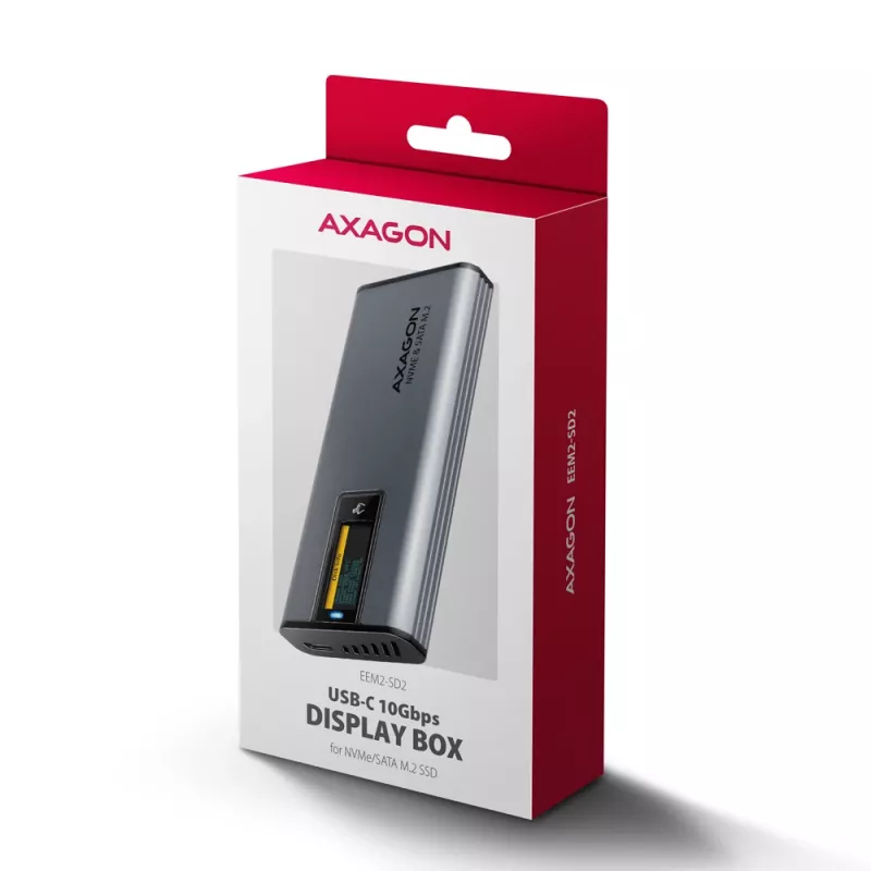 Axagon EEM2-SD2 USB-C 10Gbps - caixa DISPLAY para M.2 NVMe e SATA SSD