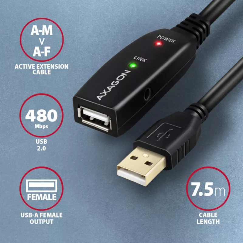 Cabo de extensão USB Axagon ADR-207 7,5 m USB 2.0 preto
