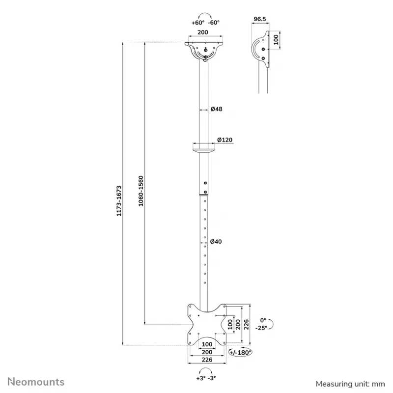 Suporte de teto Neomounts CL35-340BL12 peso máximo 50 kg para ecrãs de 23–42