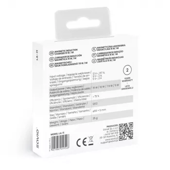 Carregador sem fios de interior para telemóveis SAVIO LA-11, Qi 1.2, 15 W, branco, 55×55×5 mm