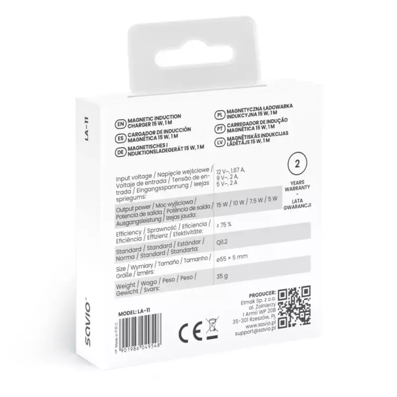 Carregador sem fios de interior para telemóveis SAVIO LA-11, Qi 1.2, 15 W, branco, 55×55×5 mm