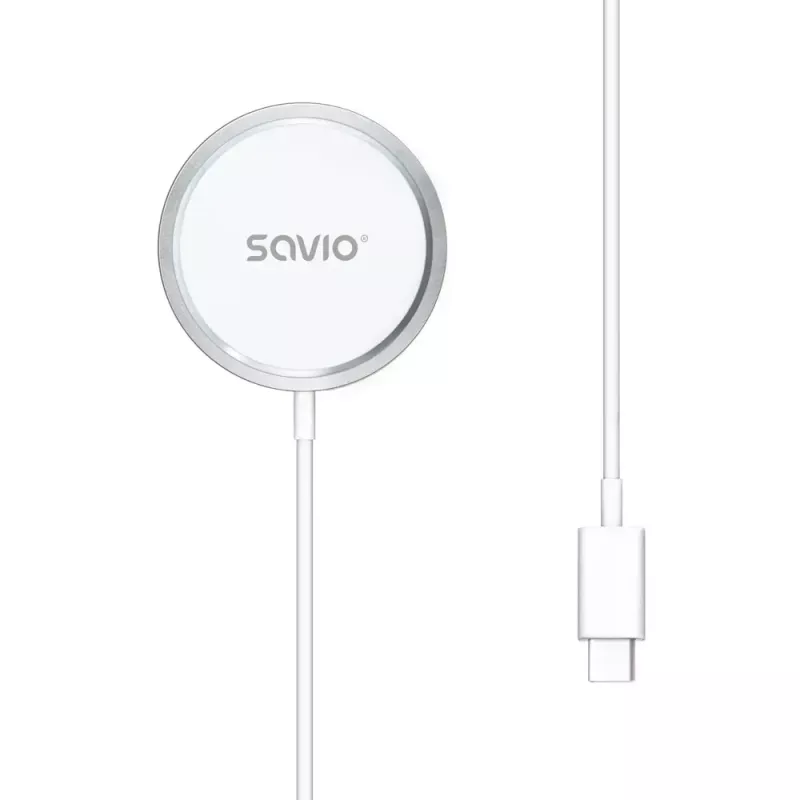 Carregador sem fios de interior para telemóveis SAVIO LA-11, Qi 1.2, 15 W, branco, 55×55×5 mm