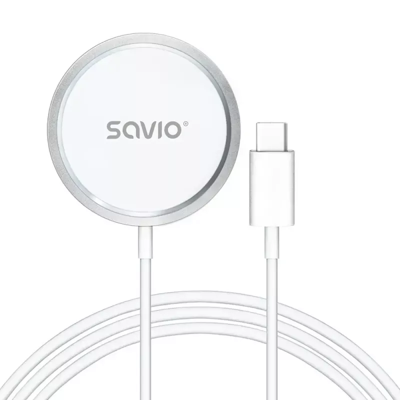 Carregador sem fios de interior para telemóveis SAVIO LA-11, Qi 1.2, 15 W, branco, 55×55×5 mm