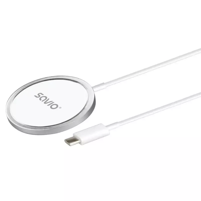 Carregador sem fios de interior para telemóveis SAVIO LA-11, Qi 1.2, 15 W, branco, 55×55×5 mm