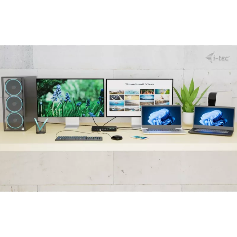 ITEC i-tec USB-C KVM Dock PRO para três hosts, vídeo duplo, 2x Power Delivery (máx. 92W), USB 3.2, 10 Gbit/s, Gigabit-Ethernet