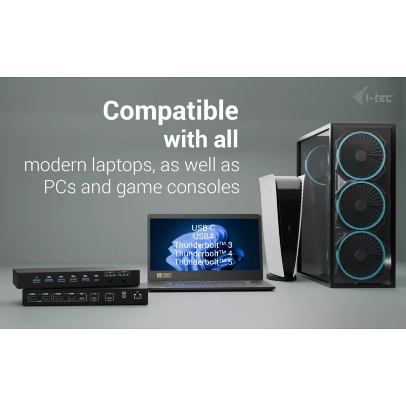 ITEC i-tec USB-C KVM Dock PRO para três hosts, vídeo duplo, 2x Power Delivery (máx. 92W), USB 3.2, 10 Gbit/s, Gigabit-Ethernet
