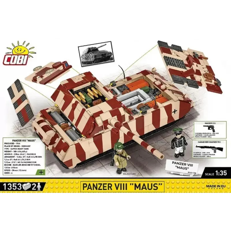 Blocos de construção Cobi Panzer VIII Maus kit de montagem escala 1:35 COBI-3138, réplica detalhada de veículo militar