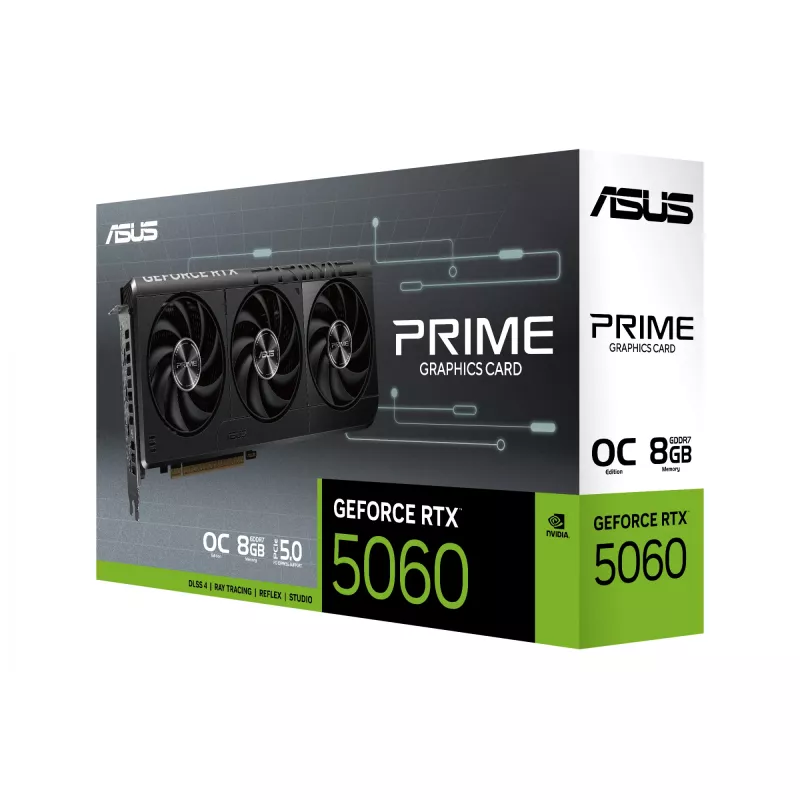 Placa gráfica ASUS GeForce RTX 5060 — 8 GB GDDR7, 128-Bit, PCIe 5.0, 3x DisplayPort 2.1b + 1x HDMI 2.1b, 2595 MHz OC, 3 ventoinhas, 268,3 mm