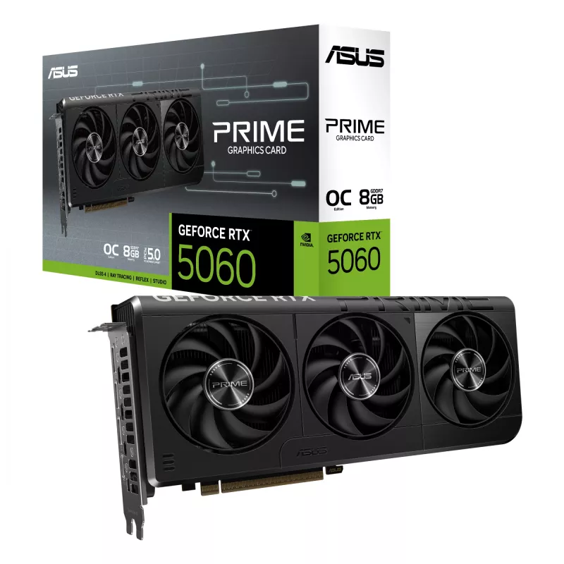 Placa gráfica ASUS GeForce RTX 5060 — 8 GB GDDR7, 128-Bit, PCIe 5.0, 3x DisplayPort 2.1b + 1x HDMI 2.1b, 2595 MHz OC, 3 ventoinhas, 268,3 mm