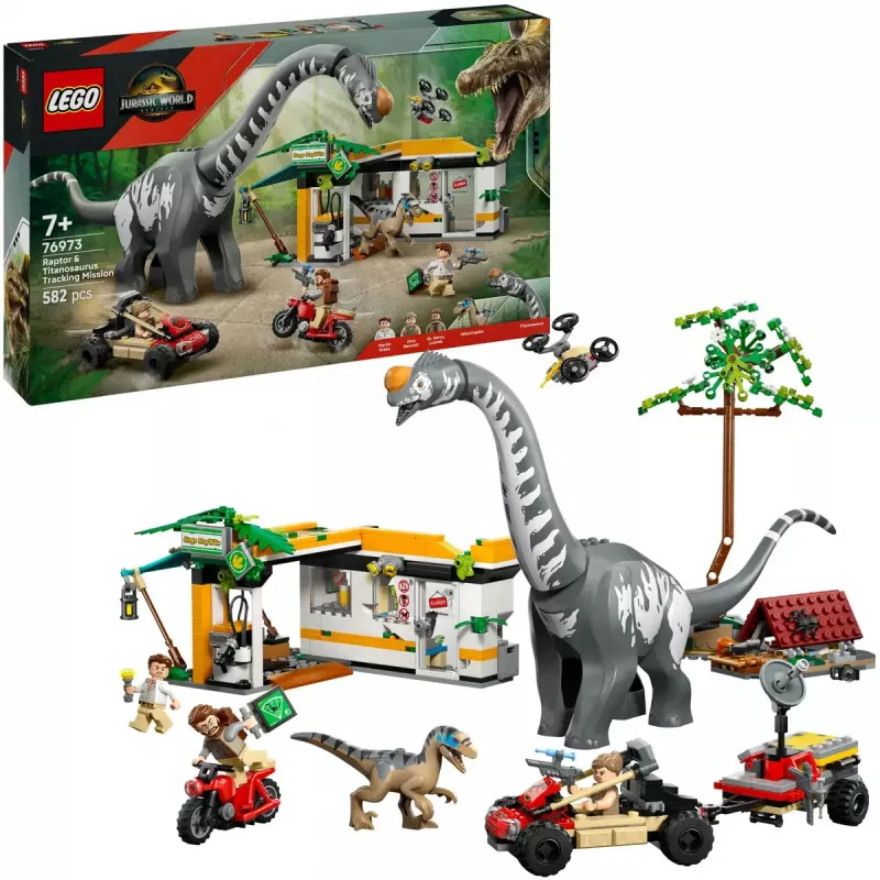 Conjunto LEGO Jurassic World 76973 — Raptor & Titanosaurus com 3 figuras, 582 peças, a partir dos 7 anos